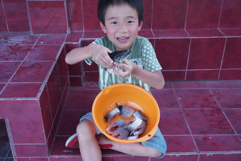 親子留学で釣った魚をさばくのを見て喜ぶ子供