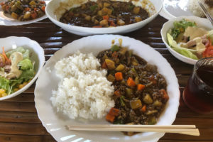 学校の食事 友人塾のカレーは具沢山 ご飯はフィリピンの語学学校ではトップレベル。食器もこだわってます。