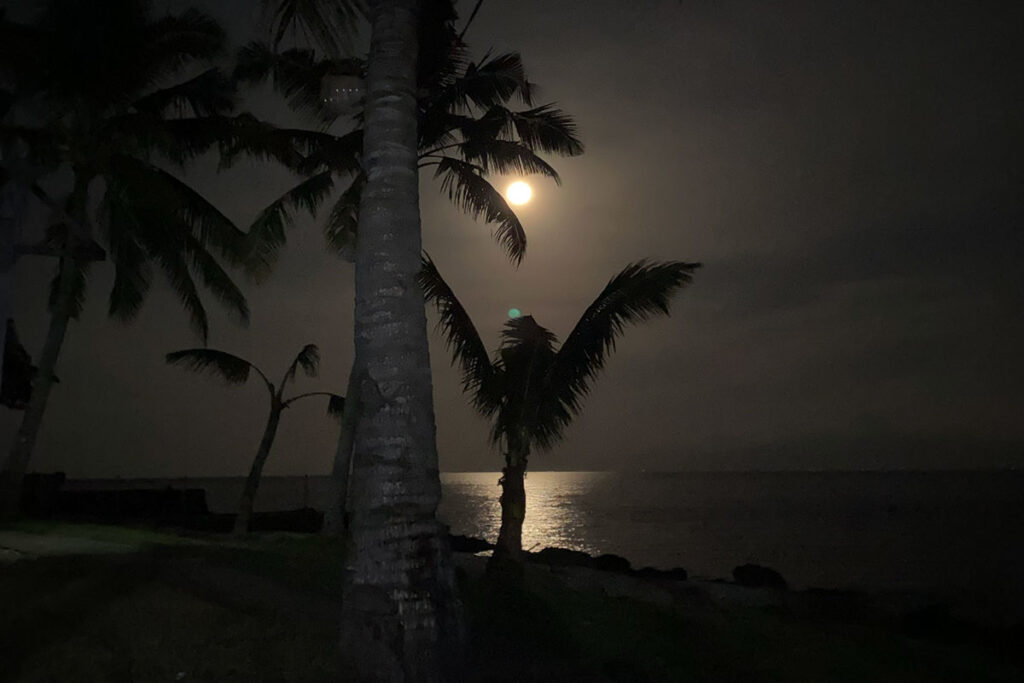 真夜中の海と満月
